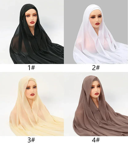 Chiffon Instant Hijab With Bulit-in Magnets Muslim Woman Hijab Solid Color Easy To Wear Shawl Wrap With Undercap Famme Headscarf.