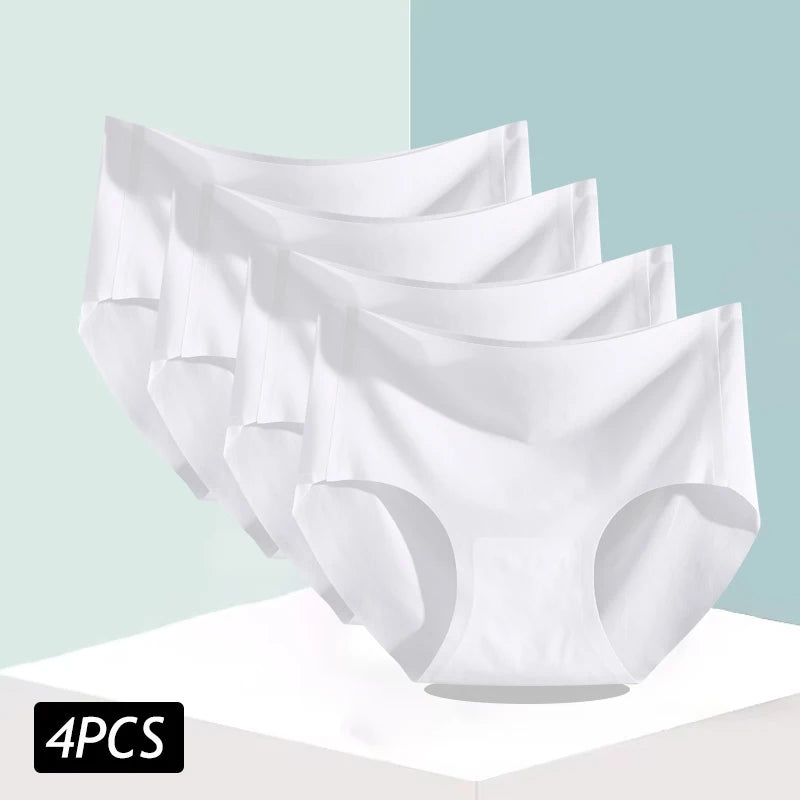 4PCS/Set Women's Ice Silk Seamless Panties Ultra Thin Briefs Breathable Underwear Female High Waist Intimates Lingerie Plus Size