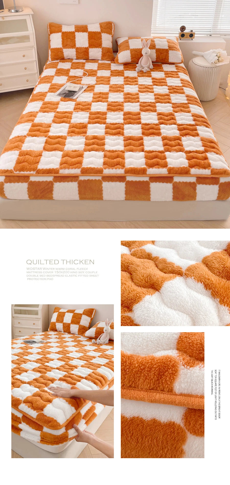 WOSTAR Winter warm coral fleece mattress protector cover fluffy plush plaid print elastic fitted sheet bed protection pad 90x200.