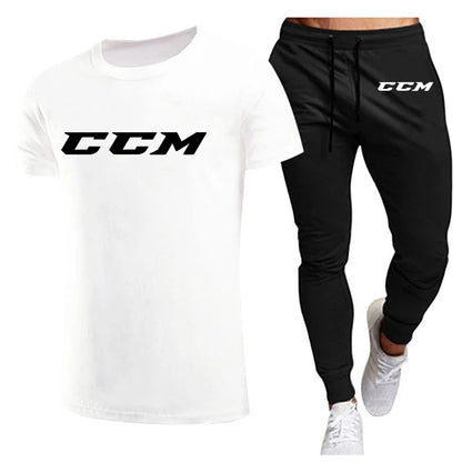 CCM New Men's Tracksuits summer men's sets fitness wear short-sleeved T-shirts+trousers set cotton brand Men's clothing.