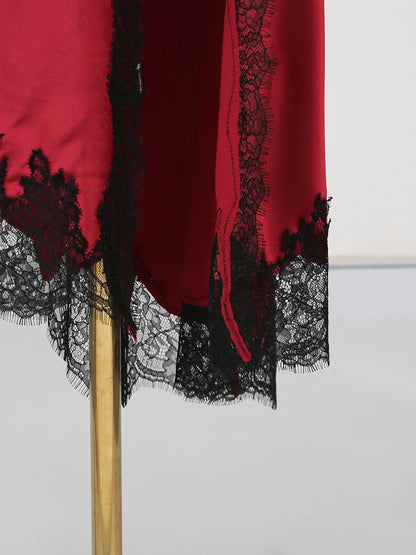 GALCAUR Hit Color Sheer Spliced Lace Elegant Skirts for Women High Waist Patchwork Split Temperament Skirt Female Fashion Style.