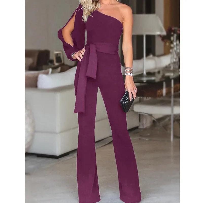 2024 Spring New Women's Single Shoulder High-waisted Belted Slimming Jumpsuit Amazon Cross-border Seller Sexy Smooth Silhouette.