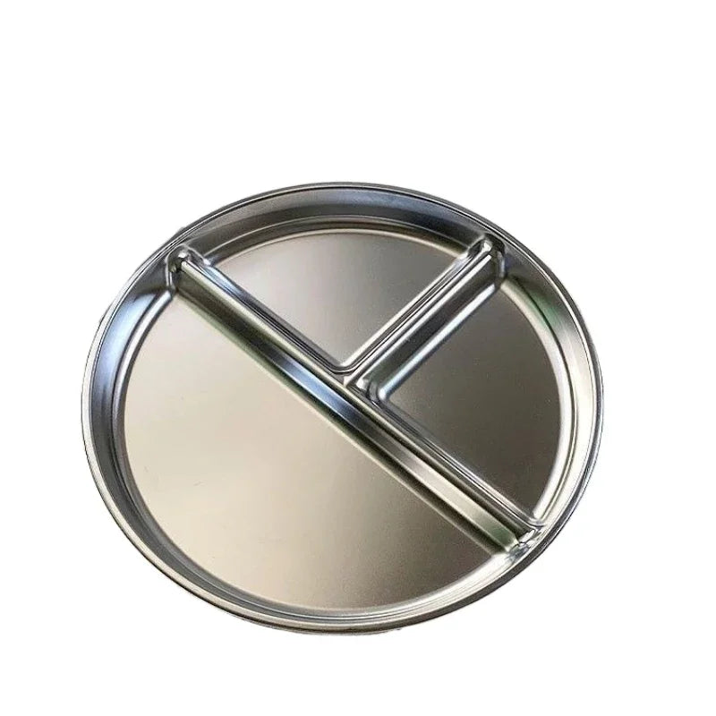 23CM Creative Round Stainless Steel 3 Grid Durable Dinner Plate Serving Tray For Kids Student Quantitative Proportion Meal Plate.