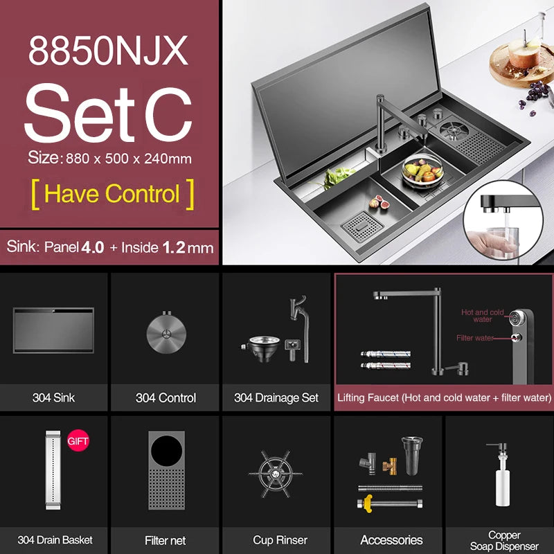 ASRAS Large Size Flip Cover Hidden Island Kitchen Sink 304 Stainless Steel 4mm Thickness Handmade Stepped Sink Cup Rinser Sinks