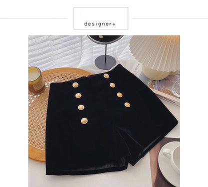 Velvet Black High Waist Slim Shorts Thicked Women's Winter New Korean Fashion Double-breasted Wide Leg Short Pants.