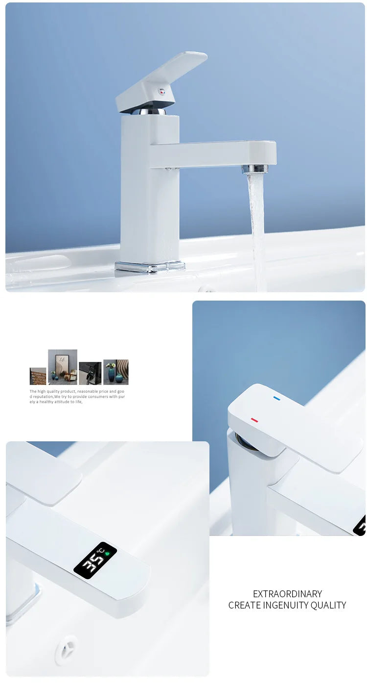 Digital Basin Faucets Smart Bathroom Faucet Shower Room Taps Water Temperature LED Black White Sink Tap Rotating Stainless Steel