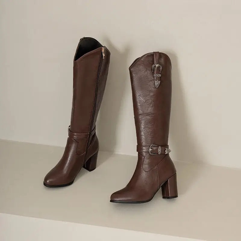 Girseaby British Style Women Knee High Boots Round Toe Block Heel 7.5cm Zipper Plus Size 51 52 Fashion Riding Bota