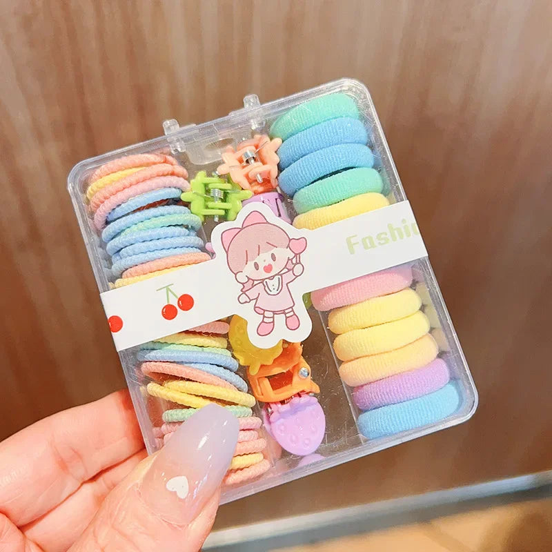 New Cute Box Set Children's New High Elasticity Elastic Band Candy Color Hair Tie Clip Hair Clip Rope Princess Accessories.