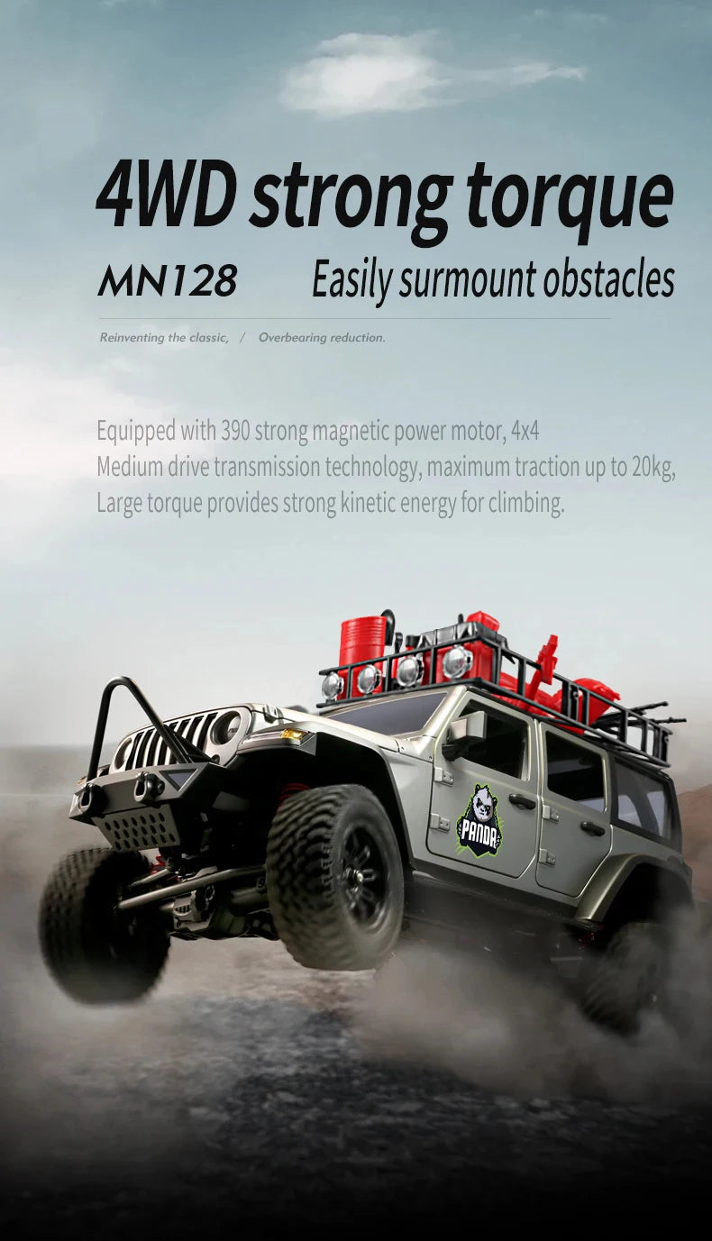 1/12 MN128 RC Car 4WD Jeep Model 2.4G Remote Control LED Light 4X4 Off Road 4WD Climbing RC Truck Electric Toy Car Gift for Boy.
