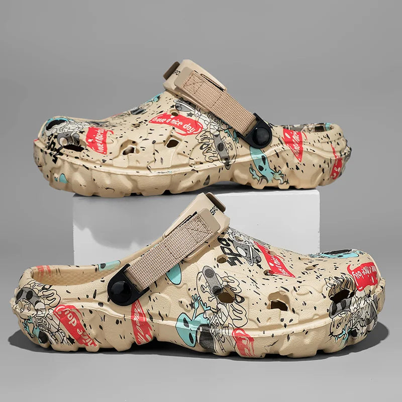 Plus Size 47 Men's Clogs 2025 Summer Sandals Beach Slippers Flat Sandals Men Leisure Slides Creative Printing Man Casual Shoes
