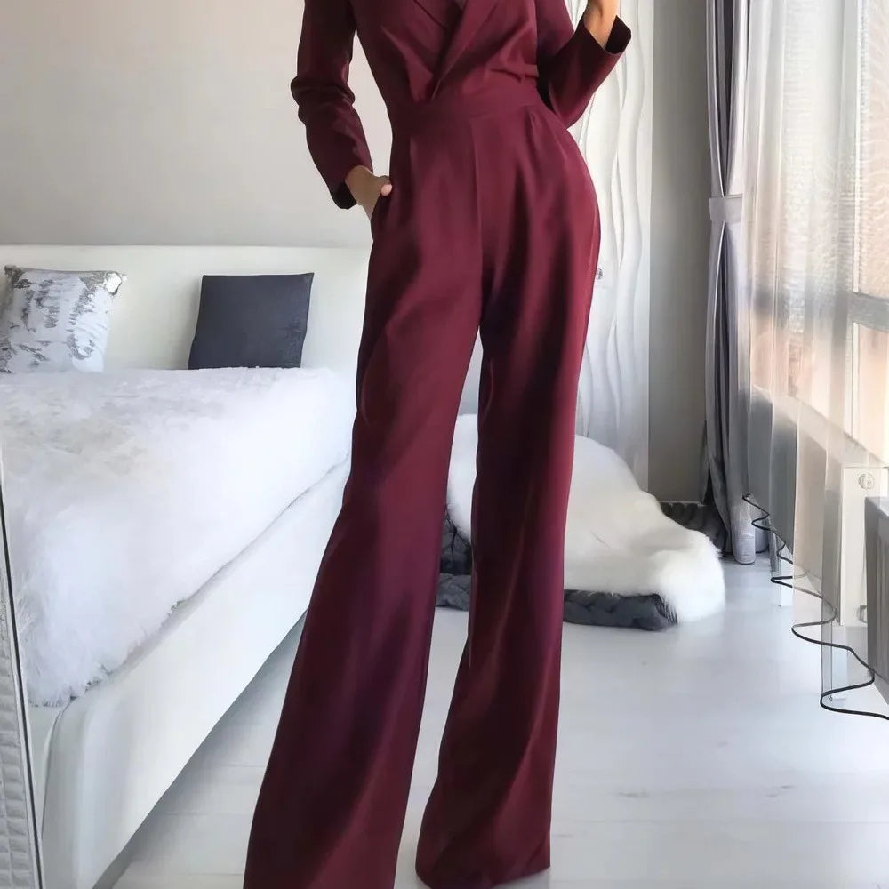 Women Jumpsuits Long Sleeve V Neck Rompers Overalls One Piece Wide Leg Pants Slight Strech Office Lady Solid New Chinese.