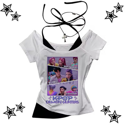 KPop Demon Hunters Tiger Shirt Women O-Neck Short Sleeves Crop Tops T-shirt Fans Gift.