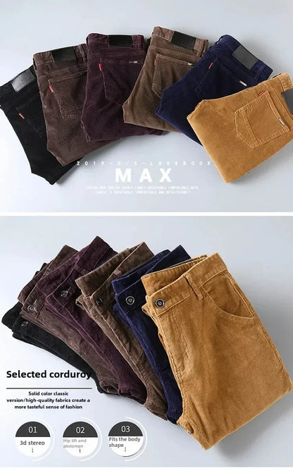 2025 Spring Autumn Men's Corduroy Casual Pants Straight Leg Loose Fit Youth Winter Thick Warm Velvet Long Pants for Men Trousers.