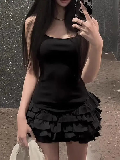 Schickes ärmelloses Y2K-Minikleid für Damen, Sommer, schwarze Kleider, sexy Clubwear, Party, schmale Passform, Rüschen, plissiertes kurzes Kleid.