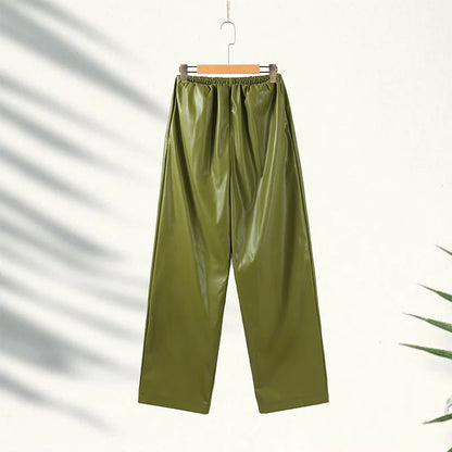 Stylish Leather Solid Jacket Pants Set Women Stand Collar Zipper Coat Loose Trousers Sets Female 2025 Autumn Fashion Streetwears.