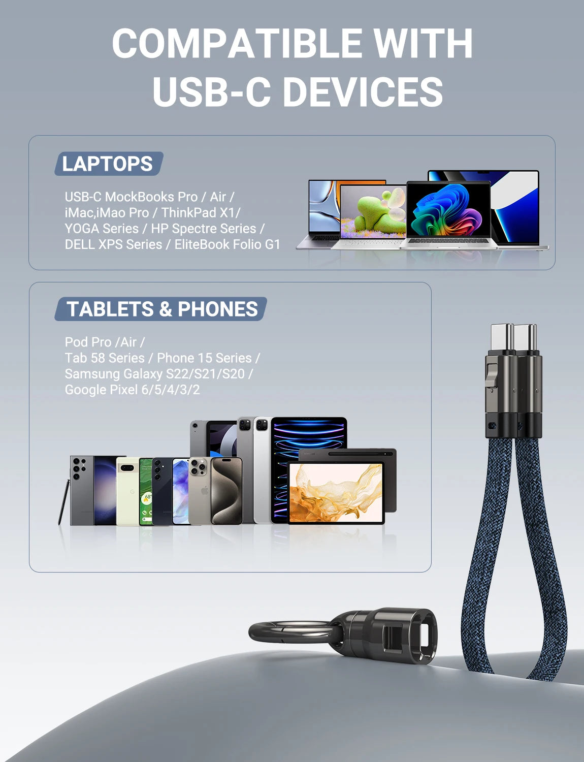 AUFU PD240W USB-C to USB-C Super Fast Charge Data Cable Zinc Alloy Head Lanyard 2 in 1 Phone Lanyard Charge Cable For IPhone SUM.