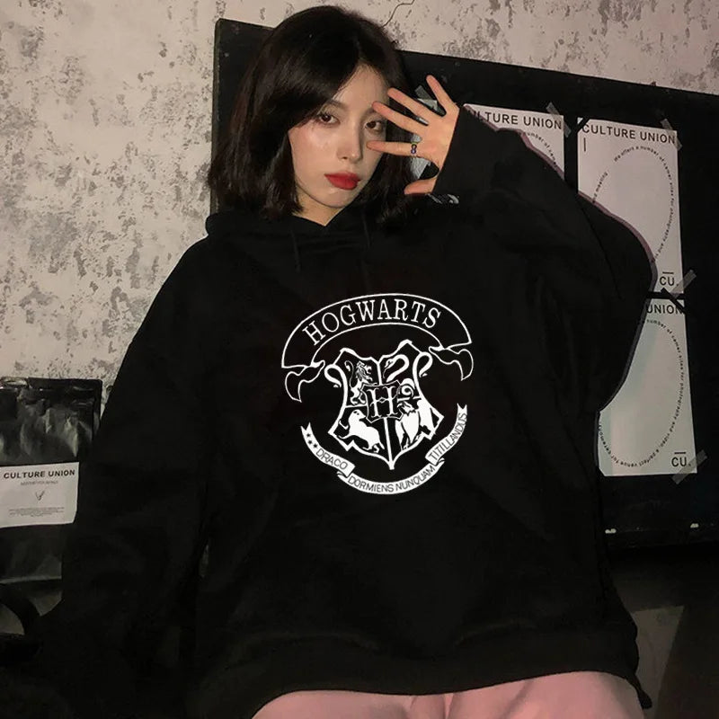 Fashion y2k Hogwarts Printed Hoodies Women Sweatshirt Autumn Winter Long Sleeves Plus Velvet Casual Loose Fleece Tops Oversized.