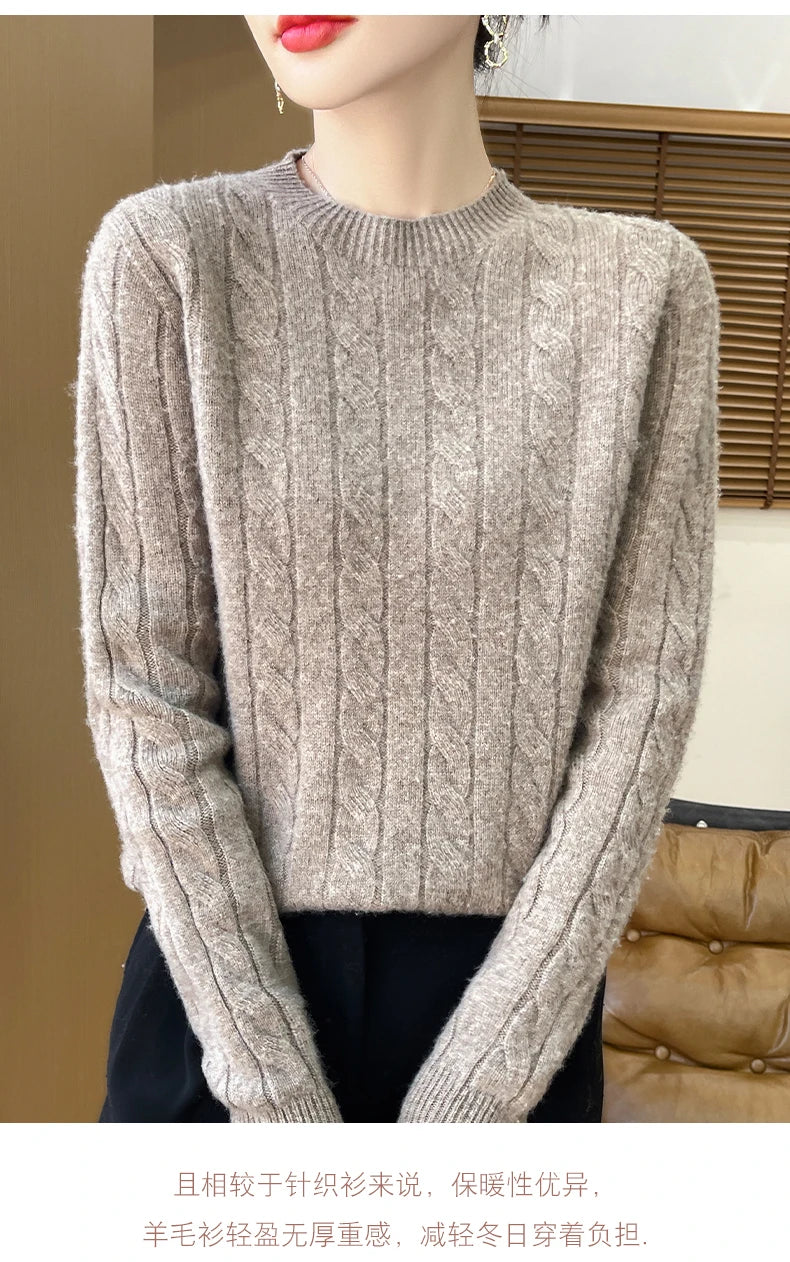 Frauen 100% Merino Wolle Verdickung Pullover Oansatz Gestrickte Twisted Pullover Herbst Winter Kaschmir Langarm Kleidung Basis Tops.