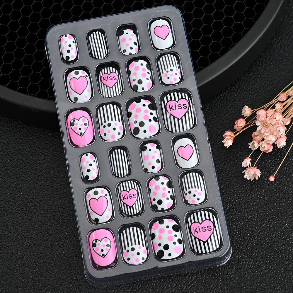 24Pcs/box Kids nails for Girl Cartoon Pattern False Nail Cute Child Fake Nails Tips Kawaii Acrylic Artificial Press on Nail+Tool