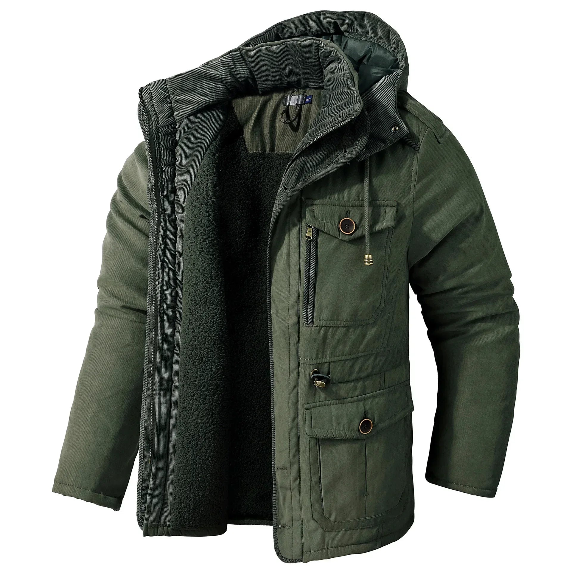 Men's Jacket WINTER USA SIZE Large SIZE Lamb Fleece JACKETS Hooded Cotton Thickened Multi Pocket Casual Mid length Coat.