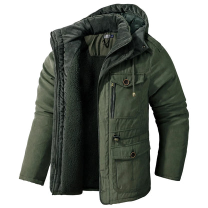 Men's Jacket WINTER USA SIZE Large SIZE Lamb Fleece JACKETS Hooded Cotton Thickened Multi Pocket Casual Mid length Coat.