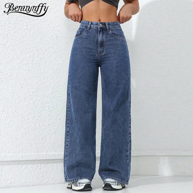 Benuynffy American Vintage Wide-leg Jeans Women's 2025 Spring New Streetwear High Waisted Loose Straight Mopping Denim Trousers.