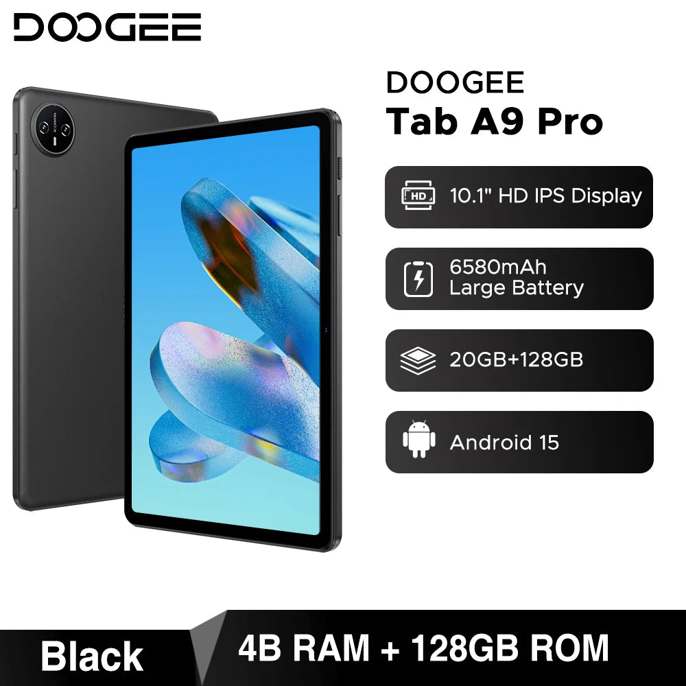 DOOGEE Tab A9 Pro Tablet 10.1" HD Display Android 15 20GB(4+16) 128GB 6580mAh Large Battery Dual Speakers Pad PC 2 In 1 Tablet