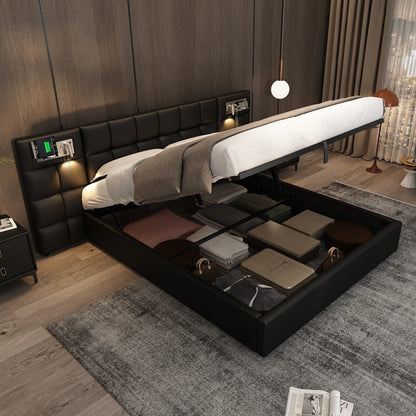 Polsterbett 180 x 200 cm, hydraulisches Bett, mit USB-Anschluss, kabelloses Laden und beleuchteter Lampe, mit Stauraum