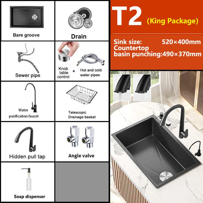 Black Stainless Steel Kitchen Sink Waterfall Sink dishwashing Basin Large Single Sink Household Sink Under The Counter Sink
