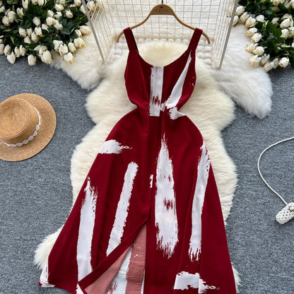 Neue Sommer Druck Süße Kleid Träger O Neck Backless Split Elegante Damen Urlaub Strand Party Midi Sommerkleid