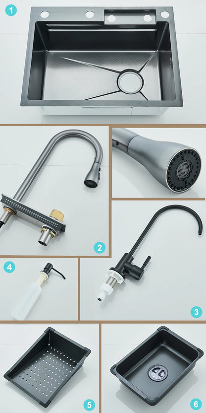 304 Stainless Steel Waterfall Kitchen Sink Large Single Slot with Chopping Board Cup Washer