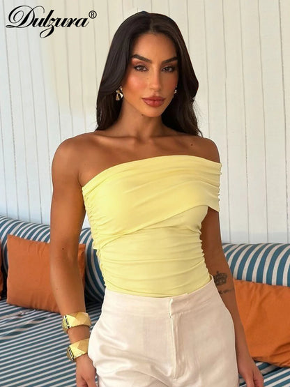 Dulzura One Shoulder Sleeveless Ruched Backless Bodycon Tank Top Women'S Solid Sexy Elegant Y2K Top Party Clubwear Summer Outfit.