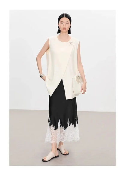 Mia Girl Elegant Satin Long Skirts for Women Oversize Lace Patchwork High Waist A-line Skirt French Style Summer Chic Lady Skirt