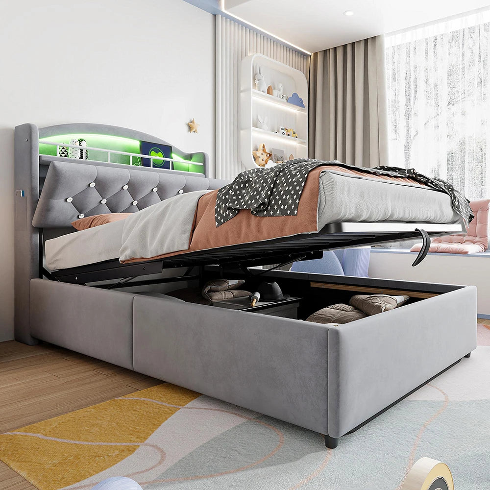 KOMHTOM Kinder Polsterbett 90x200 cm Samt Einzelbett, Multifunktionsbett mit Stauraum, LED und USB