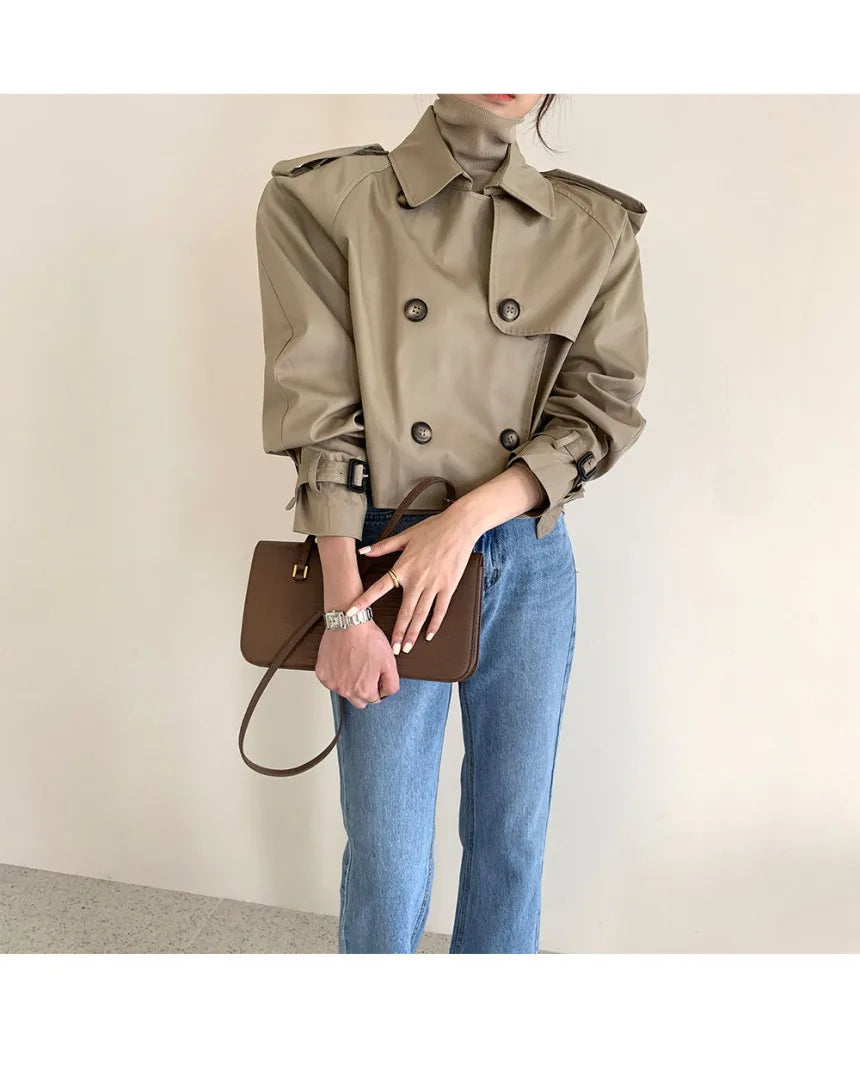 Vintage Zweireiher Graben Jacken Frauen Lose Chic Büro Dame Crop Tops Herbst Weibliche Mäntel Alle-spiel Lose Windjacke.