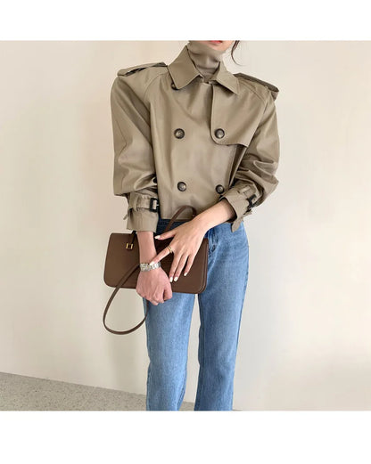 Vintage Zweireiher Graben Jacken Frauen Lose Chic Büro Dame Crop Tops Herbst Weibliche Mäntel Alle-spiel Lose Windjacke.