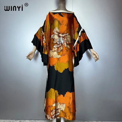 WINYI summer puff(ed) sleeves evening dress abaya dubai luxury  Female loose Print kaftan muslim woman clothing beach dress.