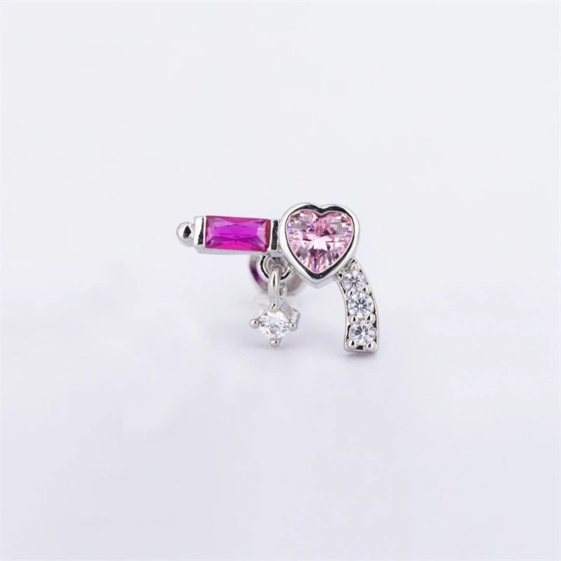 New Trendy Shiny Rose Red Color Zircon 316L Stainless Steel Ear Bone Nail Y2K Gothic Love Heart Small Earrings for Women Jewelry.