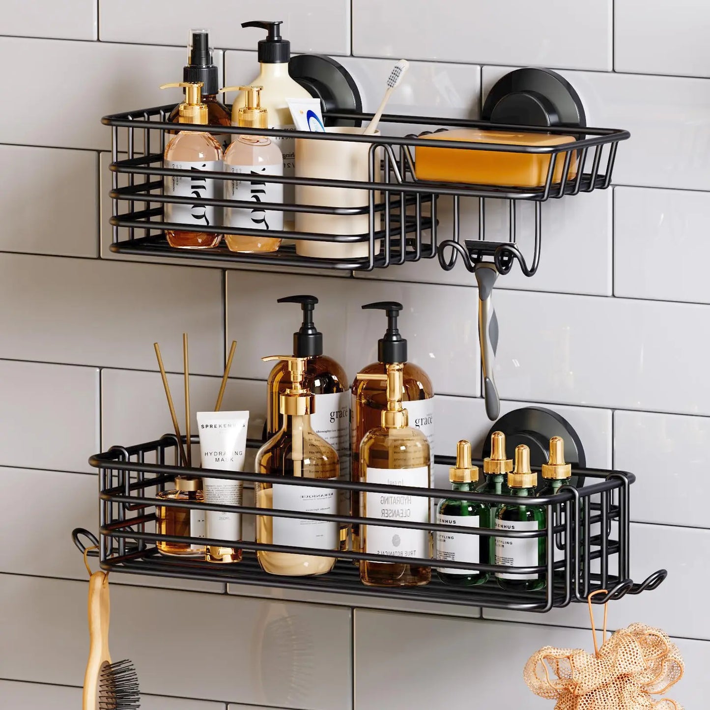 TAILI Dusch-Caddy mit Saugnapf, 2er-Pack mit Haken und Seifenhalter, robuster Badezimmer-Dusch-Organizer, ohne Bohren von Duschregalen