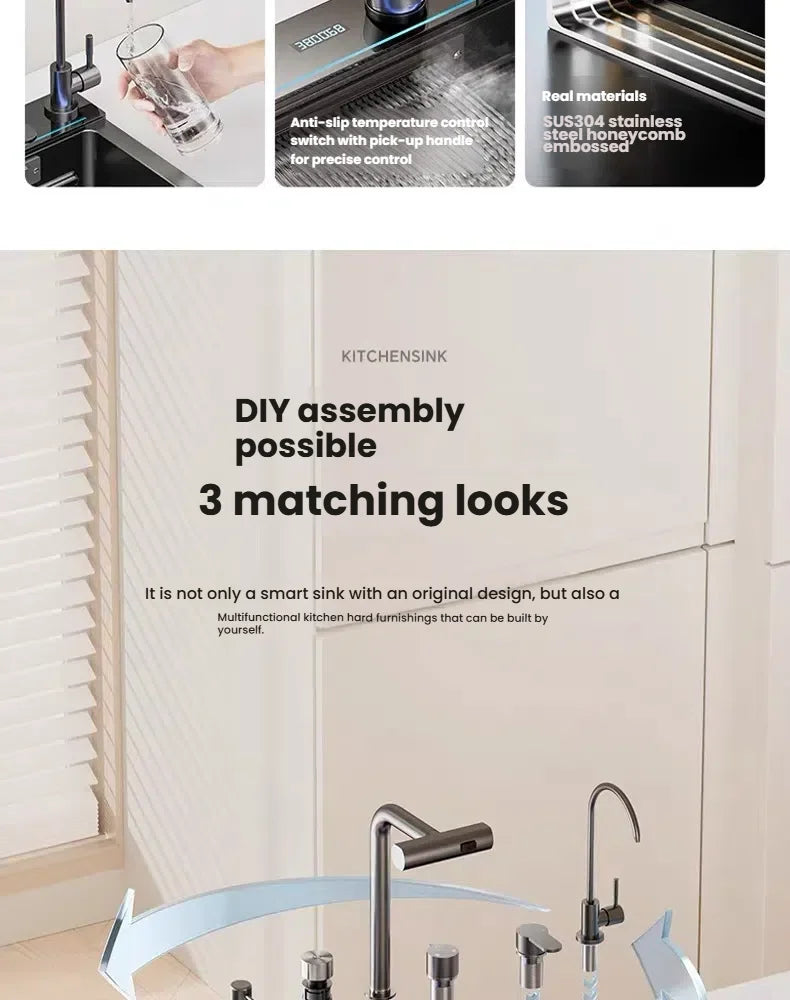 Household Intelligent Stainless Steel Kitchen Sink Digital Display Waterfall Wash Dish Basin Honeycomb Emboss Large Single Slot