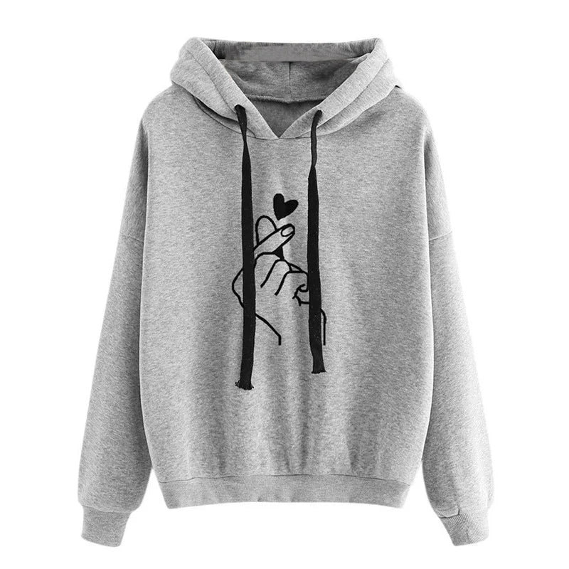 Herbst Fleece Hoodie Einfarbig Finger Herz Mit Kapuze Koreanische Mode Sweatshirts Langarm Top Kordelzug Taschen Lose Hoodies.