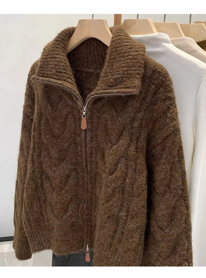 Women Autumn Winter New Lazy Style Loose Knitted Cardigan Retro Solid Color Double Zipper Turn-down Collar Sweater New Women Top.