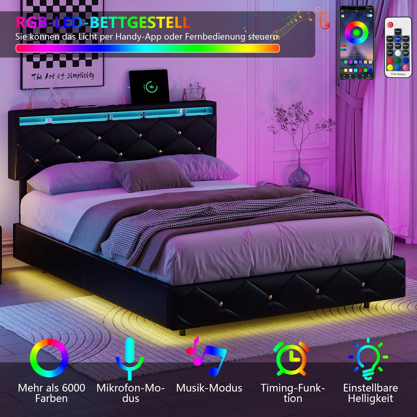 Anajqaqia 160 x 200 cm PU-Schwebebett mit verstellbarer Kopfteilhöhe + LED-Streifenbeleuchtung, Schwarz