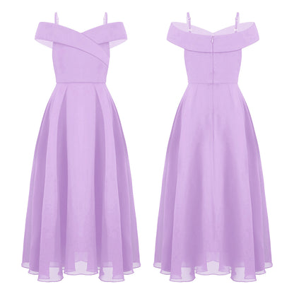 Elegantes Chiffon-Partykleid für Mädchen, schulterfrei, verstellbarer Spaghettiträger, bodenlanges Maxikleid für Hochzeit, Geburtstag, Abend