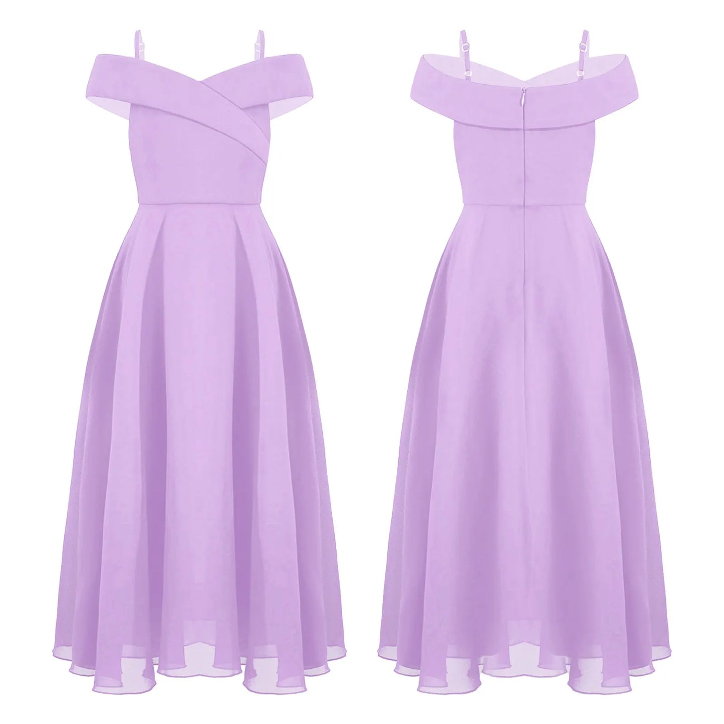 Elegantes Chiffon-Partykleid für Mädchen, schulterfrei, verstellbarer Spaghettiträger, bodenlanges Maxikleid für Hochzeit, Geburtstag, Abend