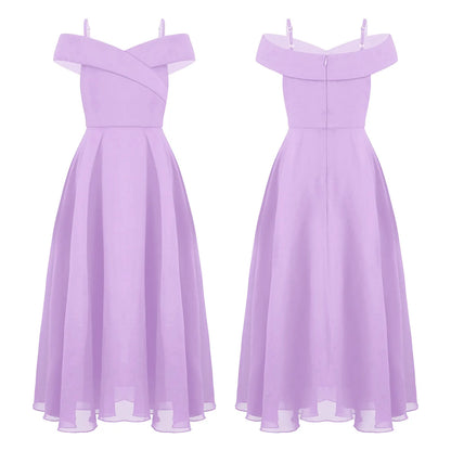 Elegantes Chiffon-Partykleid für Mädchen, schulterfrei, verstellbarer Spaghettiträger, bodenlanges Maxikleid für Hochzeit, Geburtstag, Abend