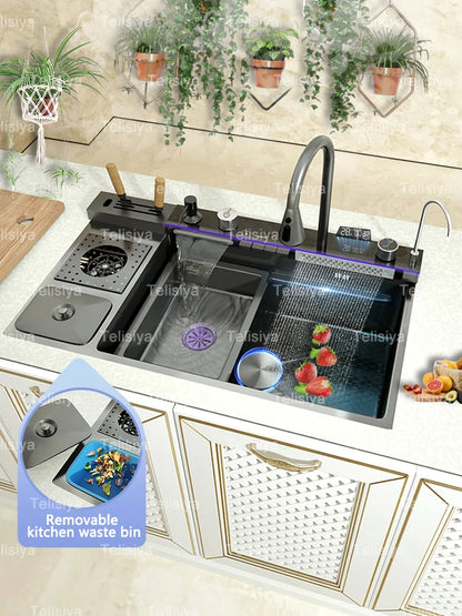 Edelstahl-Wasserfall-Küchenspüle, extra groß, Einzelschlitz, Digitalanzeige, Wasserhahn-Set, Tassenwaschbecken, Waschbecken, 100 x 50 cm