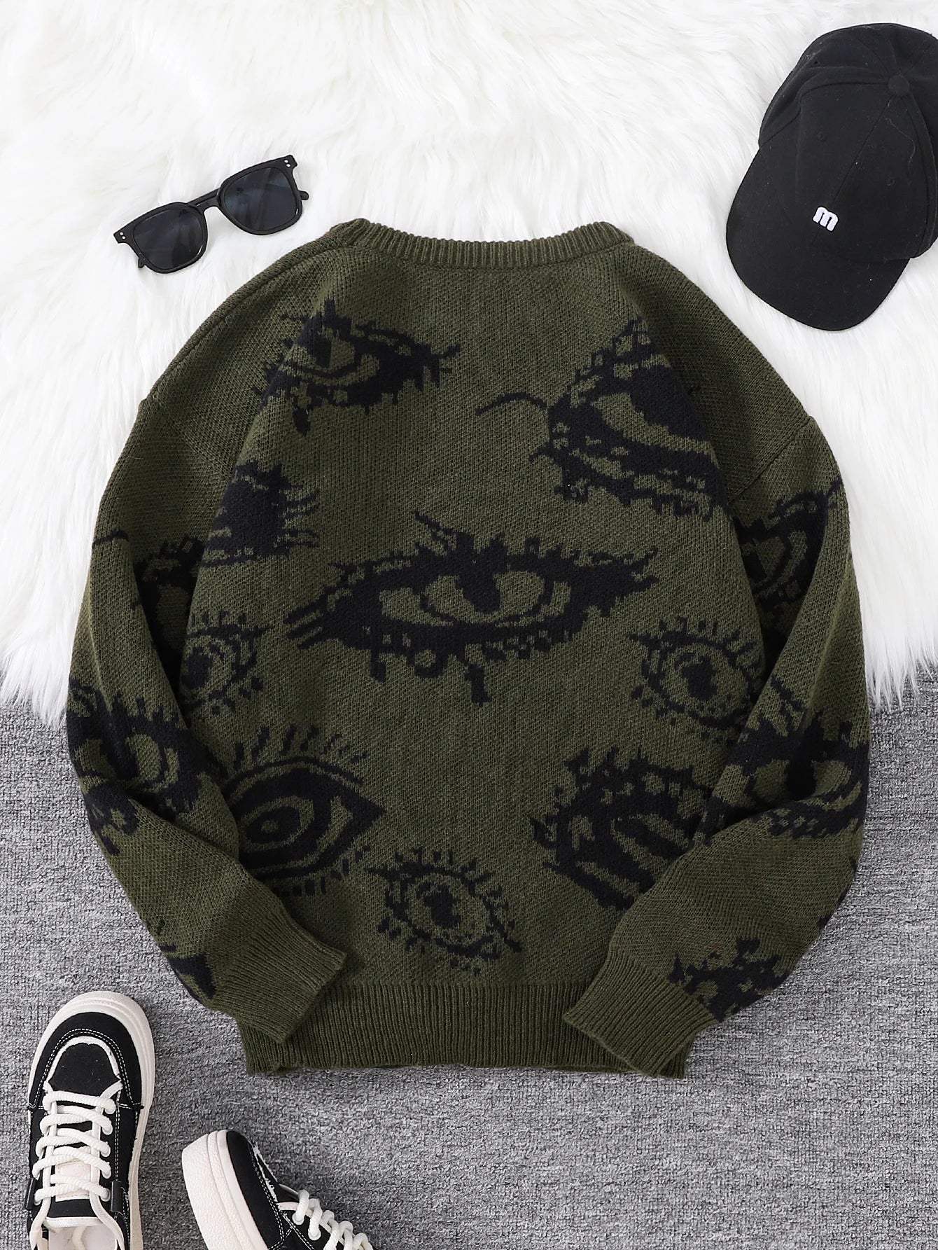 New Popular Autumn and Winter Abstract Eye Jacquard Pattern Pullover Sweater Casual Round Neck Knitted Men's Pullover.