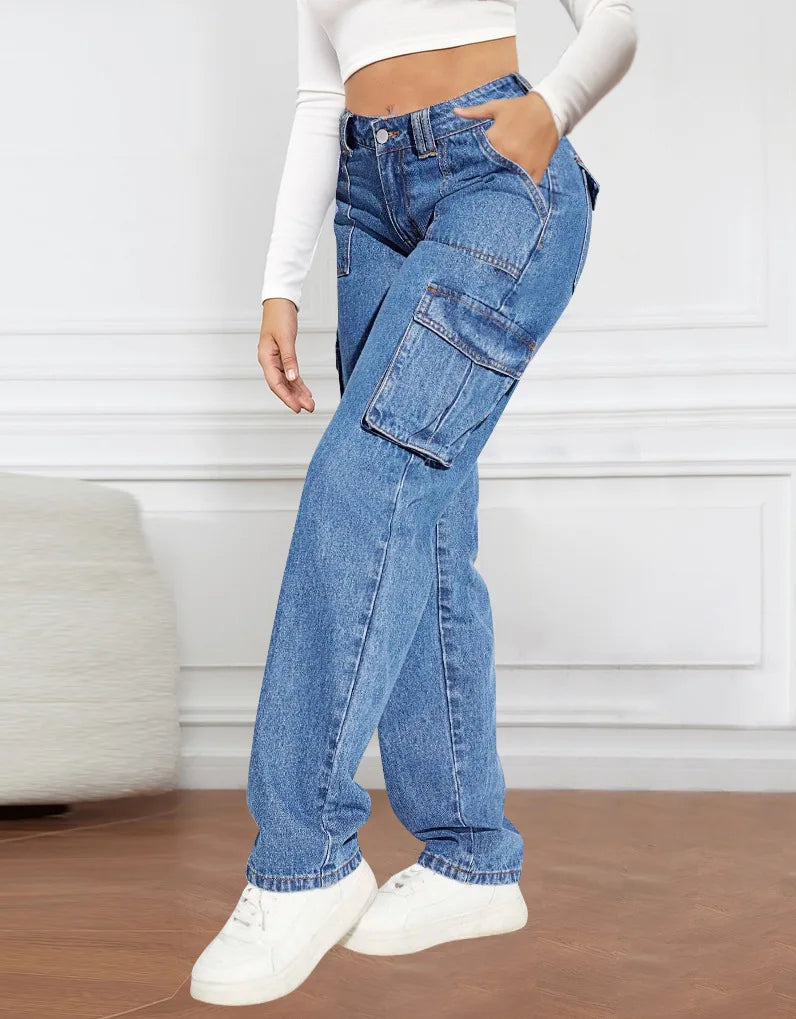 Street Style Casual Wide Leg Jeans Multiple Pockets High Waist Straight Cut Non-Stretch Denim for Women Trendy Autumn 2025.