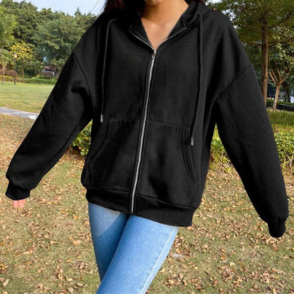 Herbst Fleece Hoodie Einfarbig Mit Kapuze Koreanische Mode Sweatshirts Langarm Top Kordelzug Taschen Lose Zipper Schwarz Hoodies.